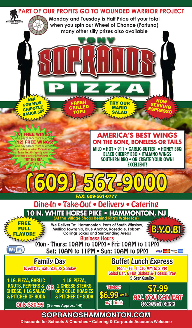 Click here for a printable Soprano's Hammonton Pizza PDF Menu